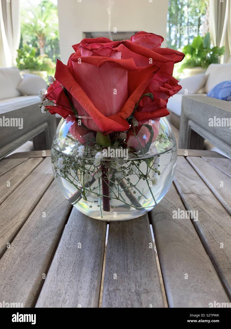 Disposizione di rose rosse in vetro chiaro vaso con acqua sul tavolo per esterno Foto Stock