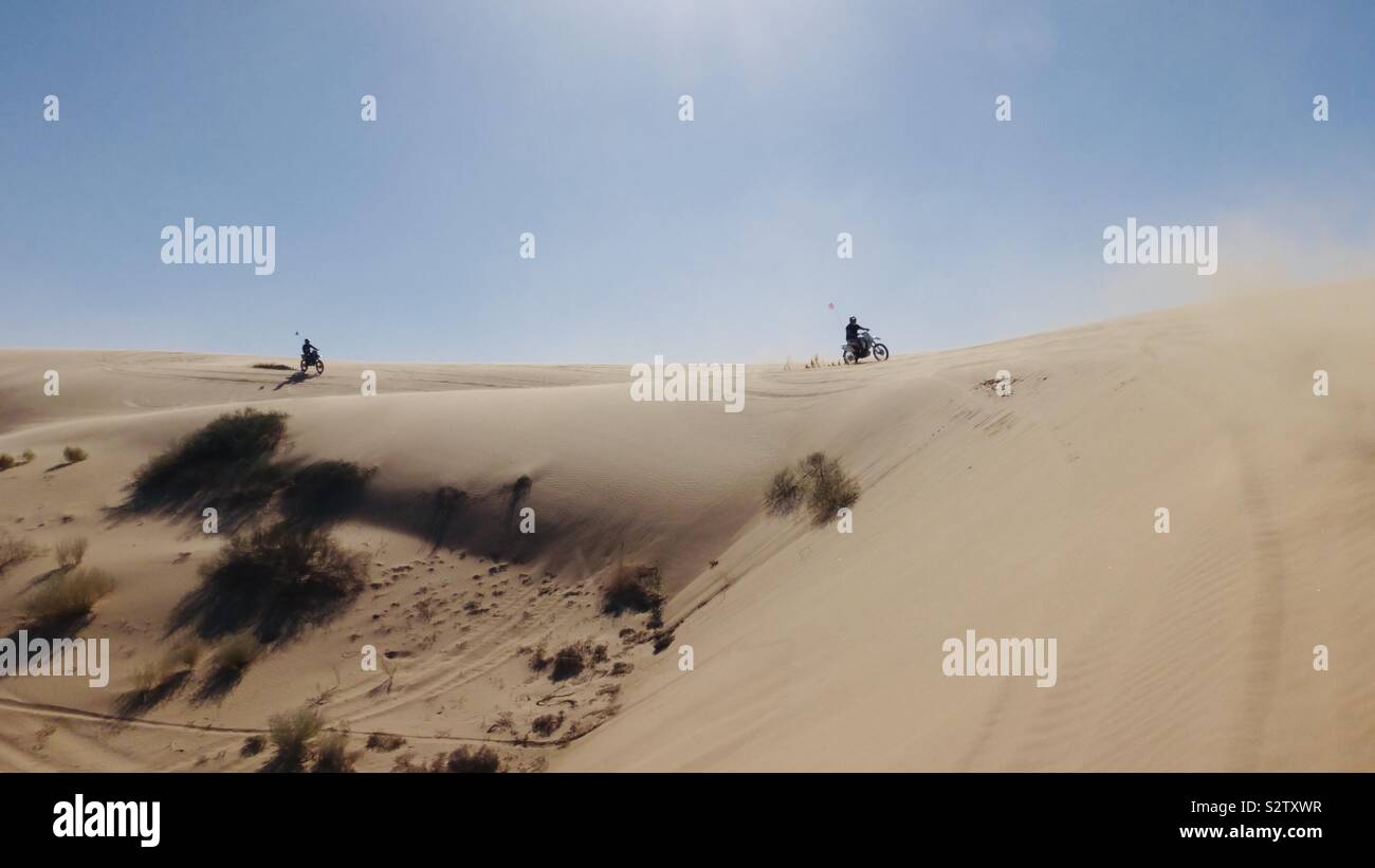 Dirt Bike passeggiate a cavallo nel deserto su una coperta di sabbia collina con un sentiero di sabbia Foto Stock
