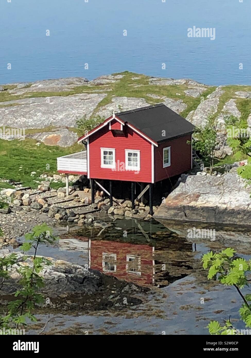 Pesca rosso cabina, Norvegia Foto Stock