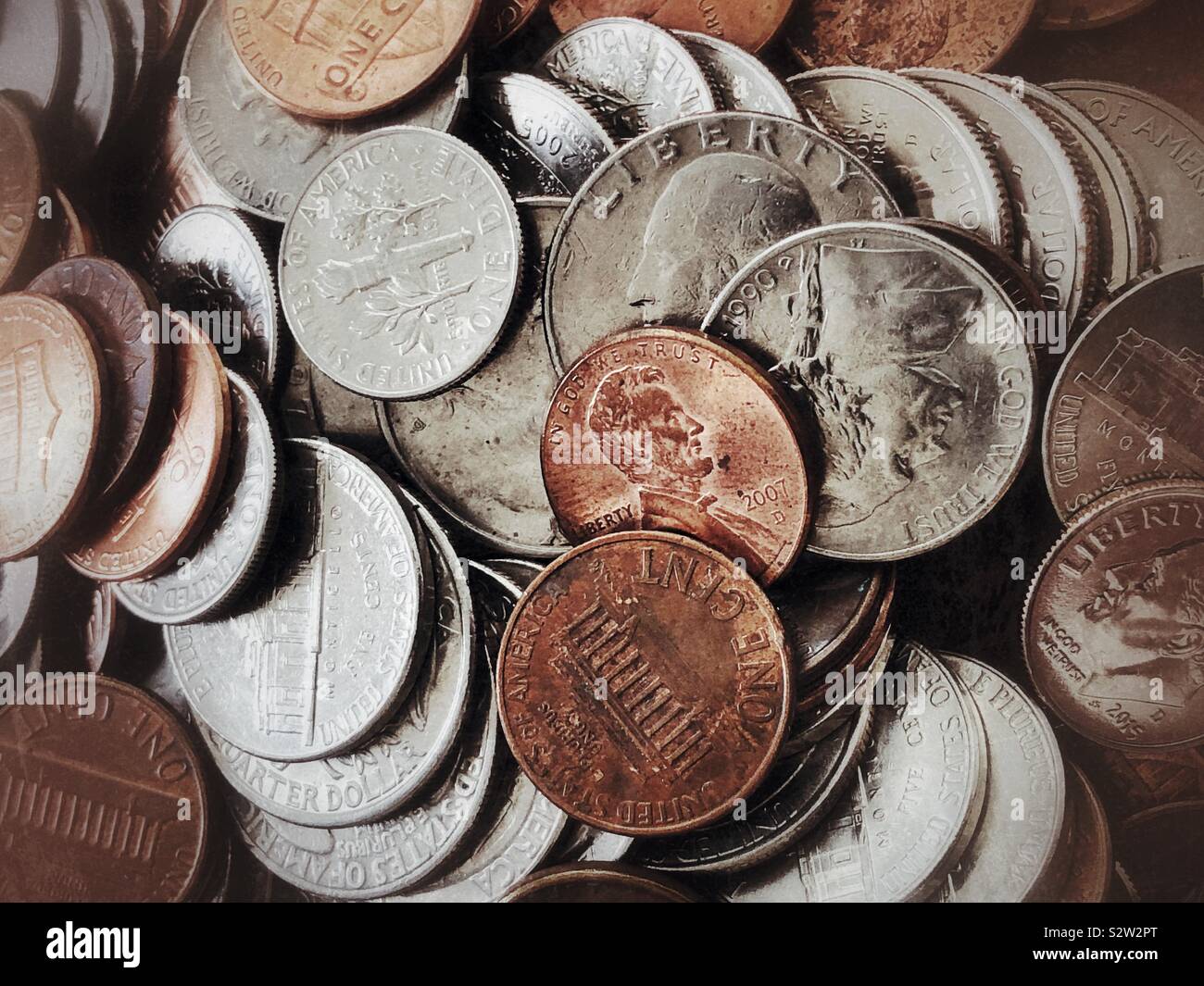 Pila di monete americano Foto Stock