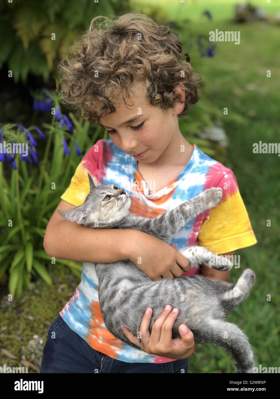 6 anni dai capelli ricci boy tenendo delicatamente un grigio e bianco gattino in un ambiente da giardino Foto Stock