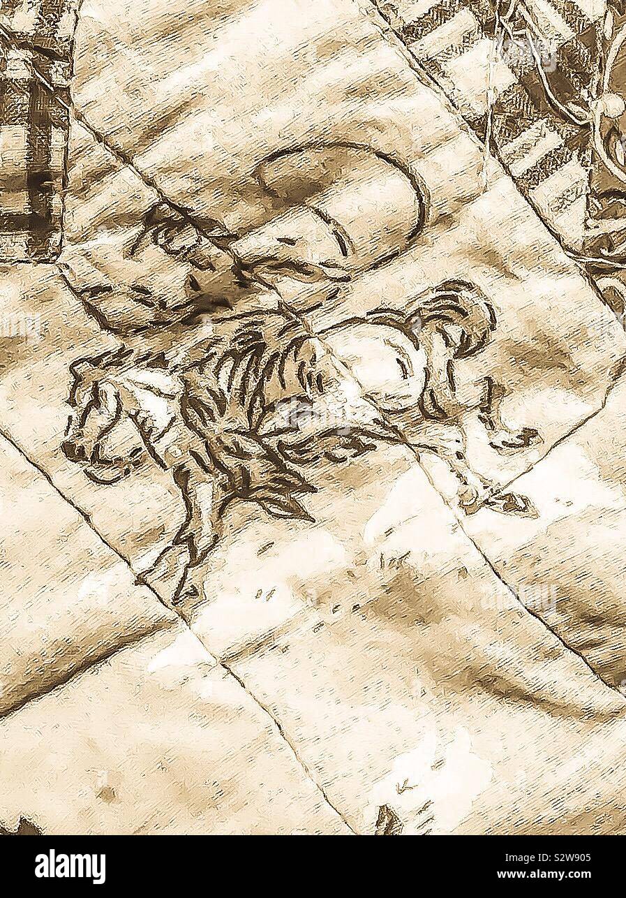 Seppia foto del primo piano della scena cowboy raffigurata sulla trapunta Foto Stock