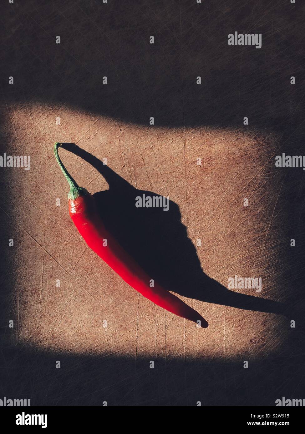 Un rosso fresco peperoncino su un tagliere al sole creando una grande ombra Foto Stock
