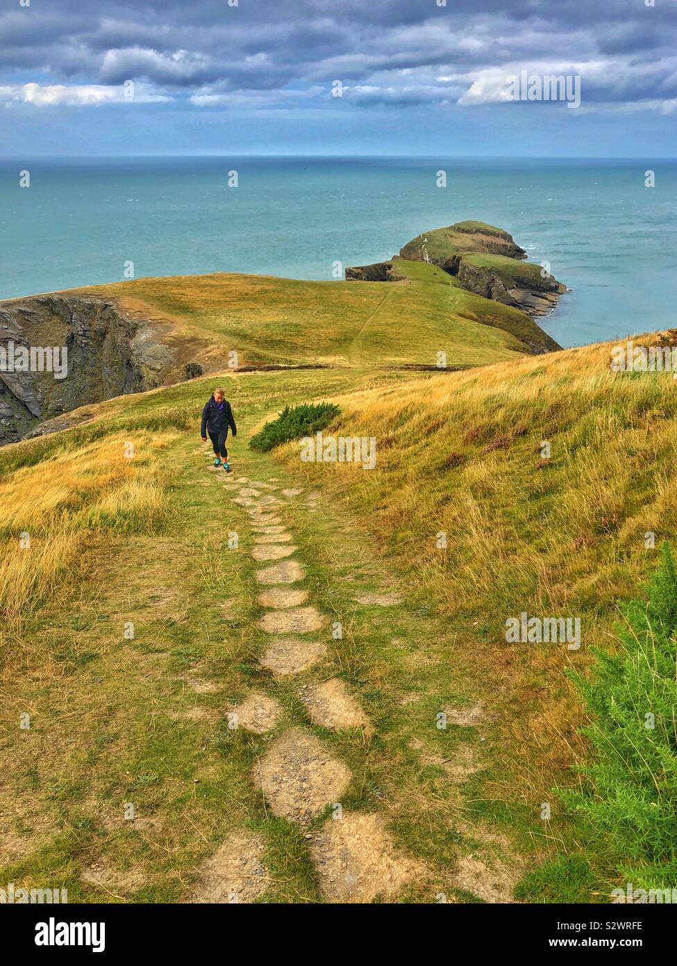 Giovane donna camminare su per una collina ripida da Ynys Lochtyn , Ceredigion, West Wales, Agosto. - Immagine stock catturata con smartphone