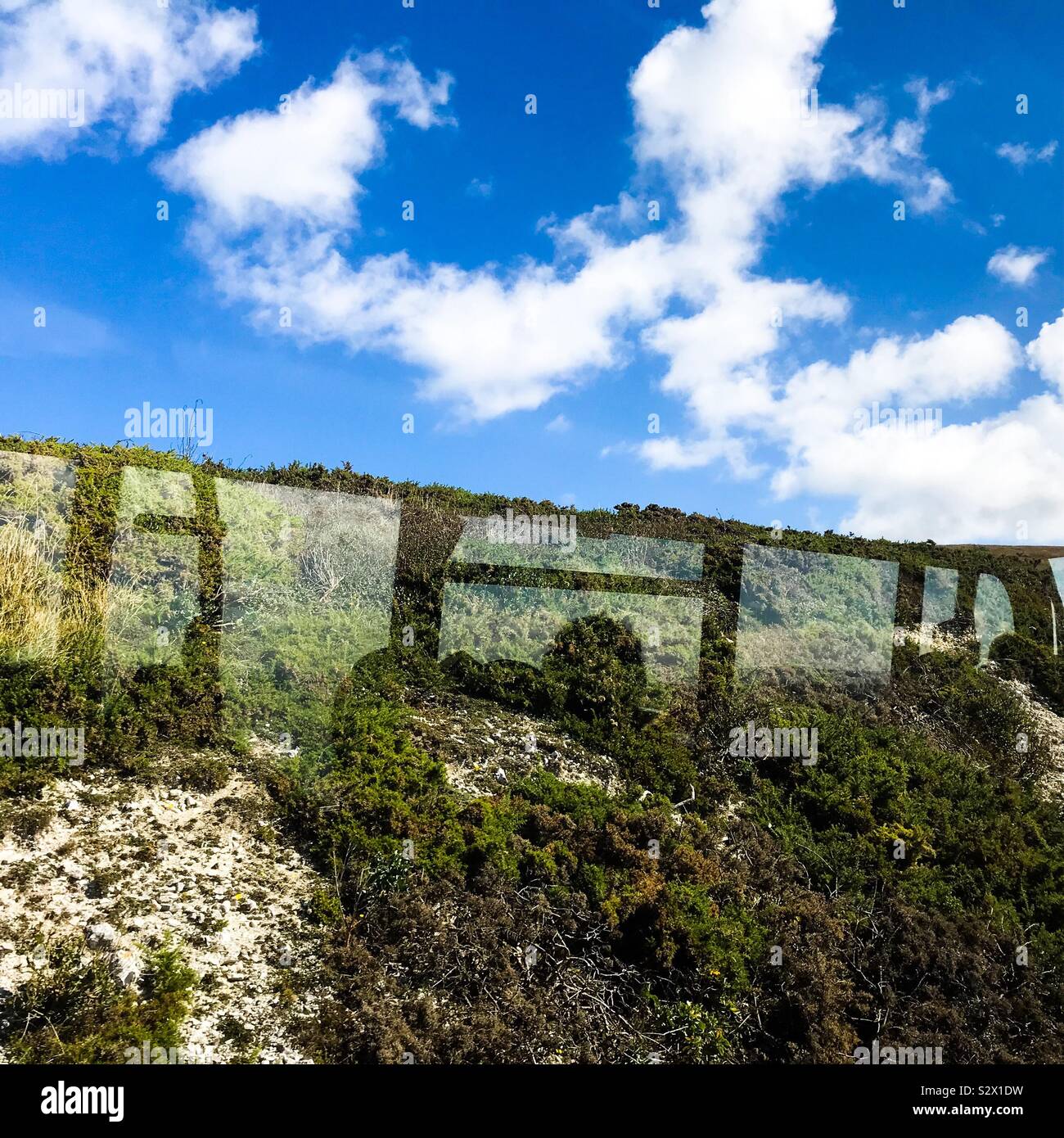 Silhouette la riflessione di autobus di windows e i passeggeri a bordo adiacente esposta chalk taglio sulla strada militare, UN3055, Isle of Wight, l'Inghilterra del sud della costa Foto Stock