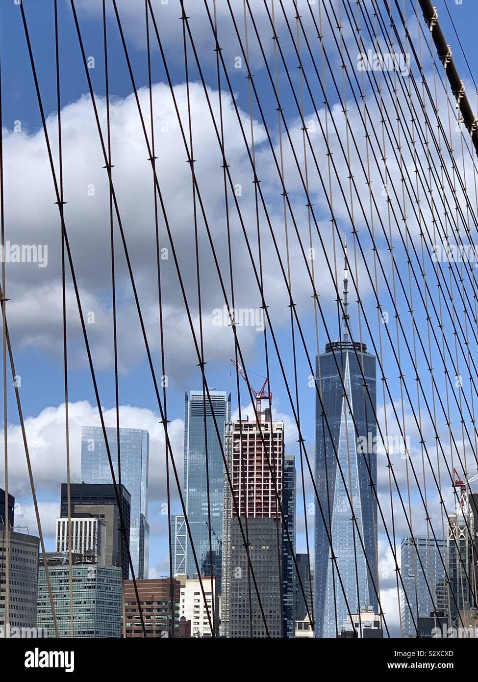 Freedom Tower New York visti attraverso il Ponte di Brooklyn cavi Foto Stock