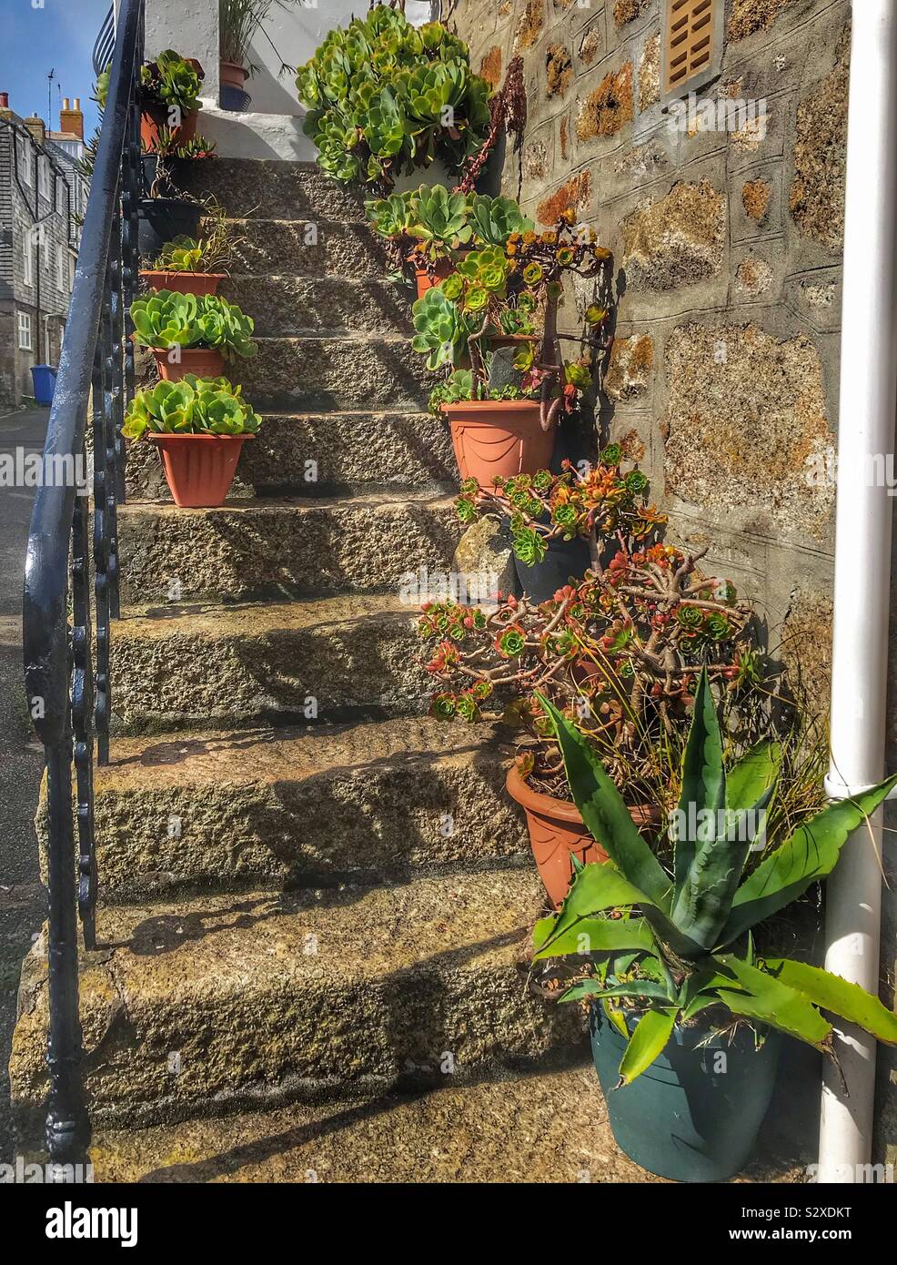 La scalinata in pietra che conduce ad un cottage con vasi per piante sulle fasi di un metallo nero corrimano Foto Stock