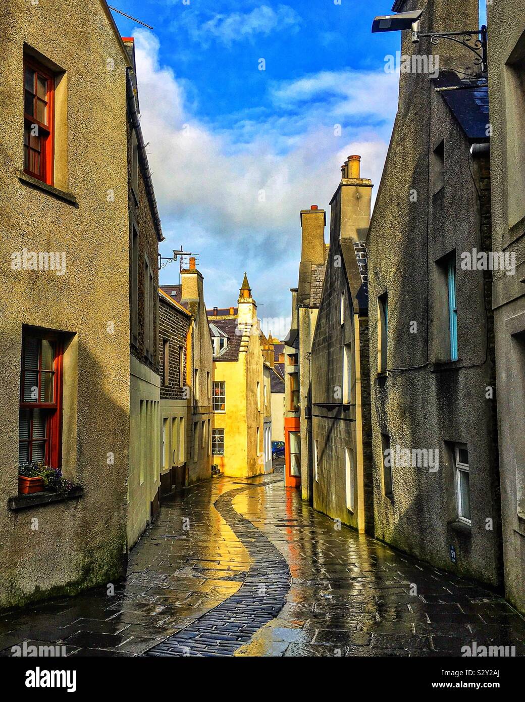 Strade tortuose di Stromness, Orkney Foto Stock