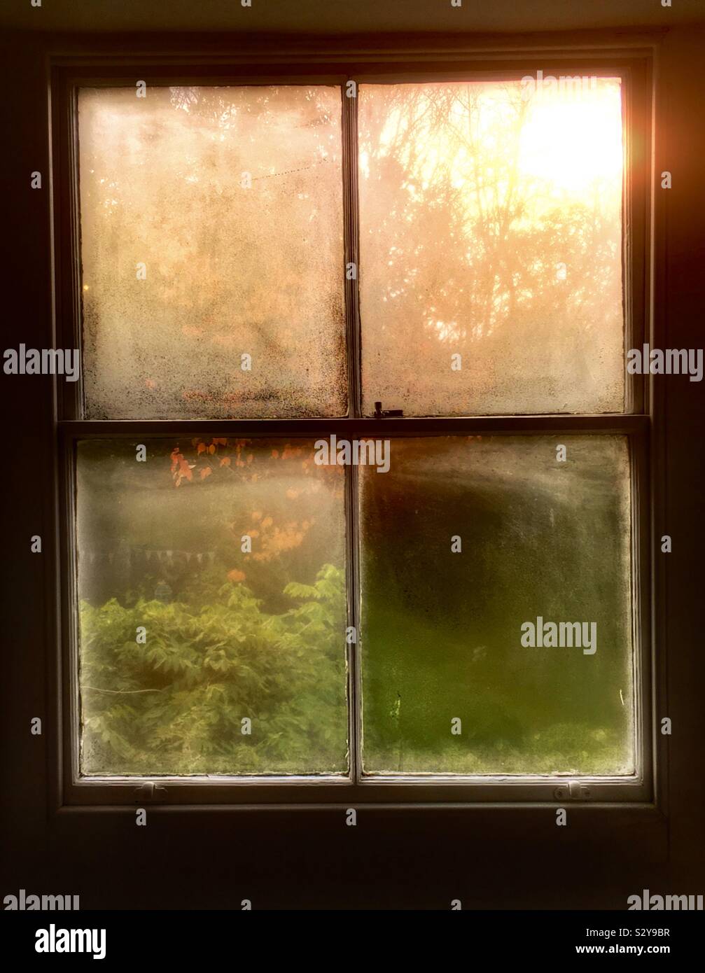 La mattina presto i colori autunnali attraverso in legno finestra a ghigliottina Foto Stock