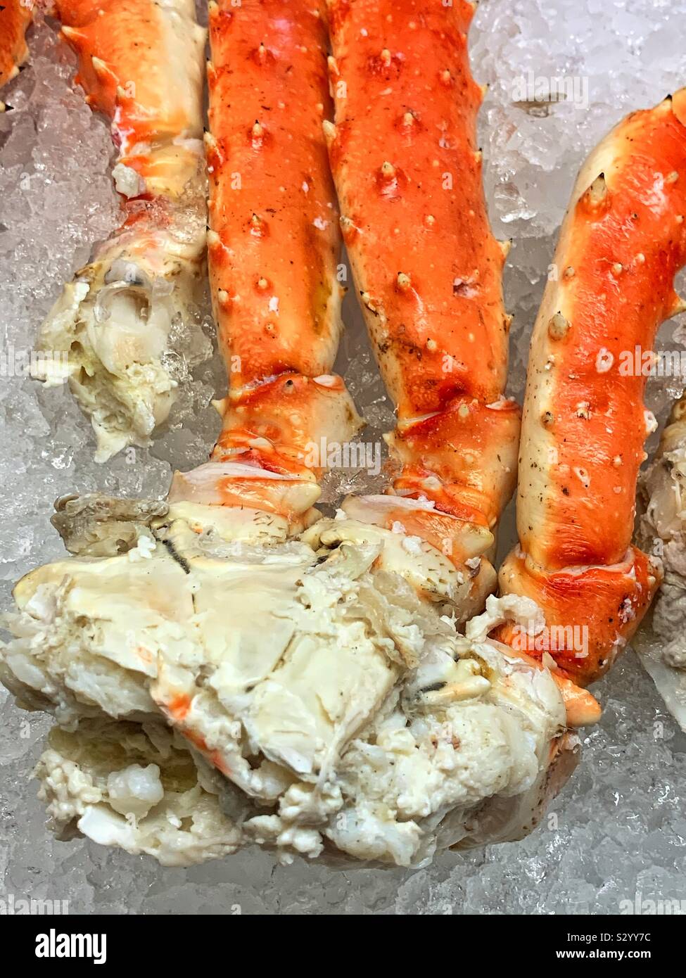 Fresh Alaskan king crab gambe visualizzati sul ghiaccio Foto Stock