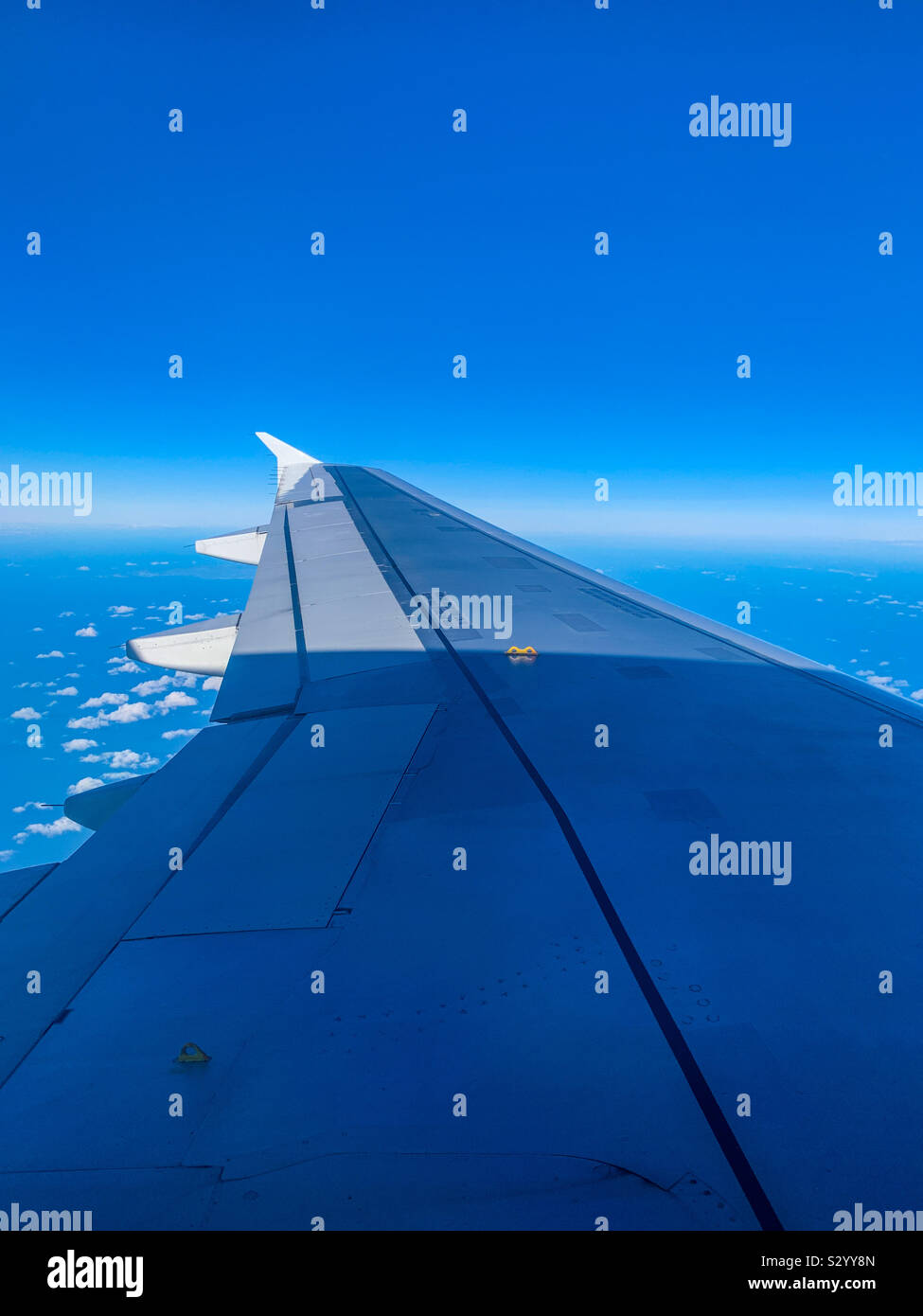 Ala vista da Aer Lingus Airbus A320 in volo con cielo blu oltre mare irlandese Foto Stock Ala vista da Aer Lingus Airbus A320 in volo con cielo blu oltre mare irlandese Foto Stock