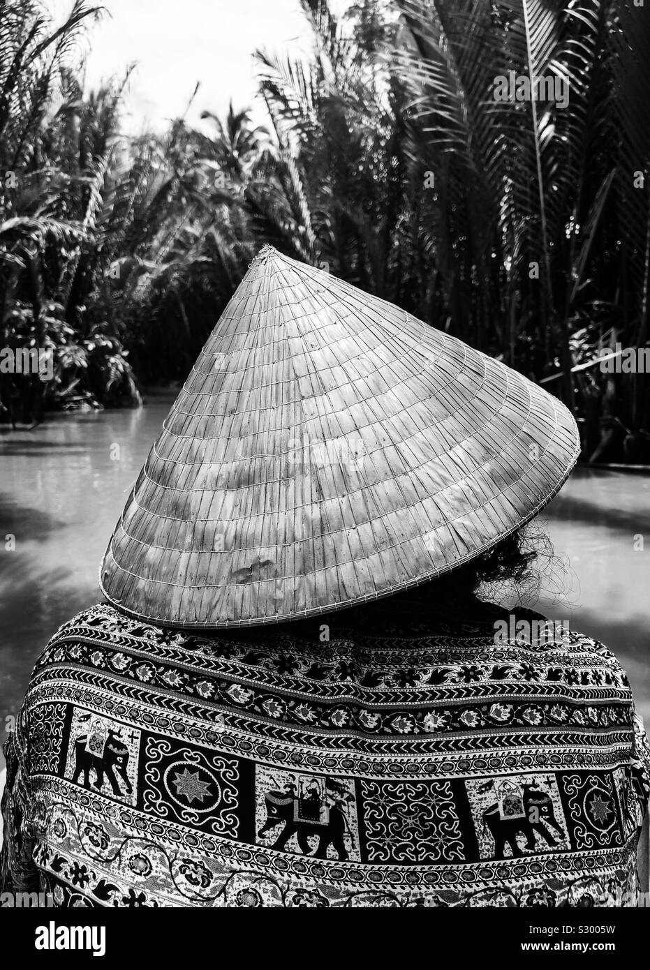 Uomo in barca nel Delta del Mekong, Vietnam Foto Stock