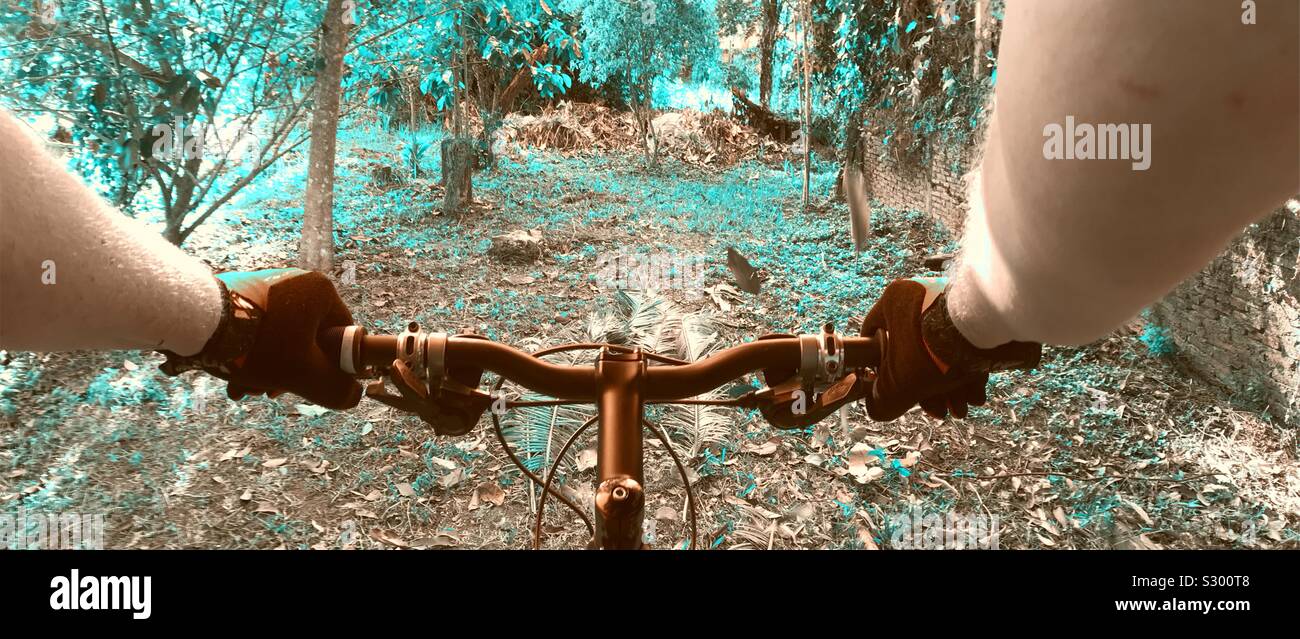 POV a raggi infrarossi da una mountain bike Foto Stock