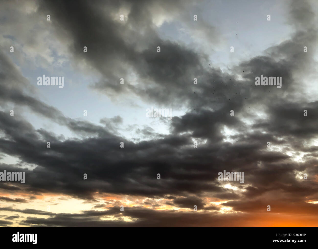 Dunkle Wolken während eines Sonnenunterganges über dem Ort El Médano auf Teneriffa im Novembre Foto Stock