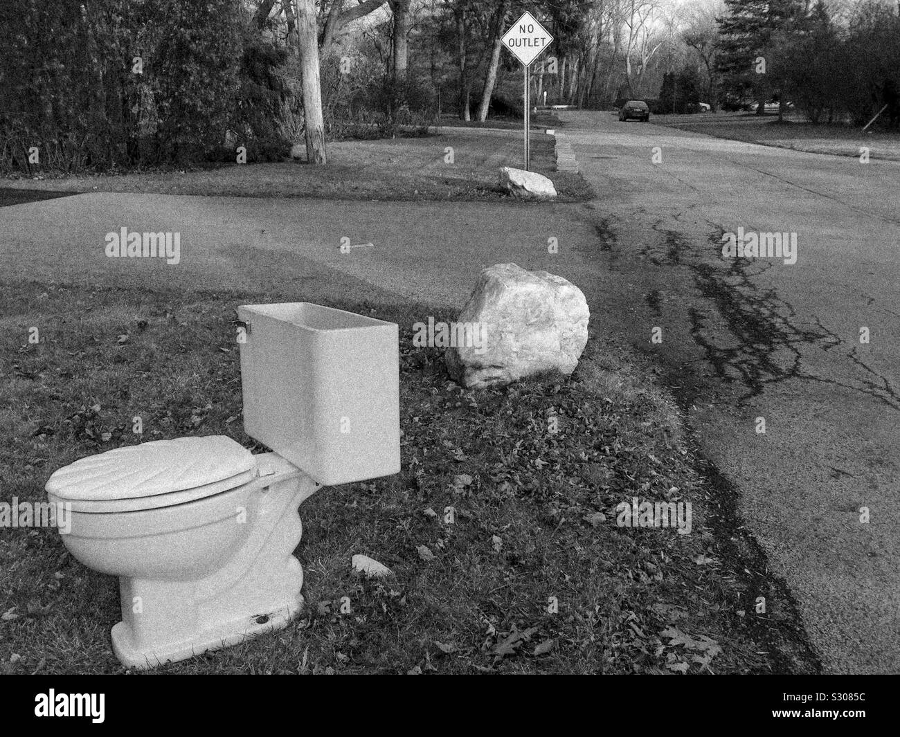 Scartato wc sul prato anteriore di una casa suburbana, Glenview, Illinois, Stati Uniti d'America. 2013. Foto Stock