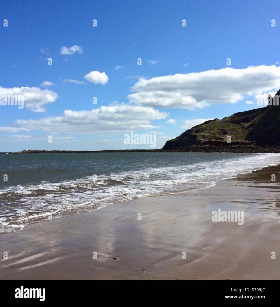 La calma del mare del Nord a Cayton Bay, North Yorkshire Foto Stock