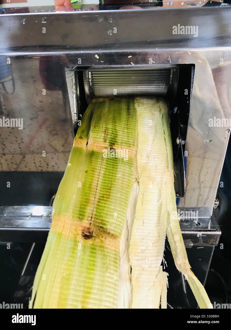 Succo di canna da zucchero macchina estrattore a Singapore di stallo di frutta Foto Stock