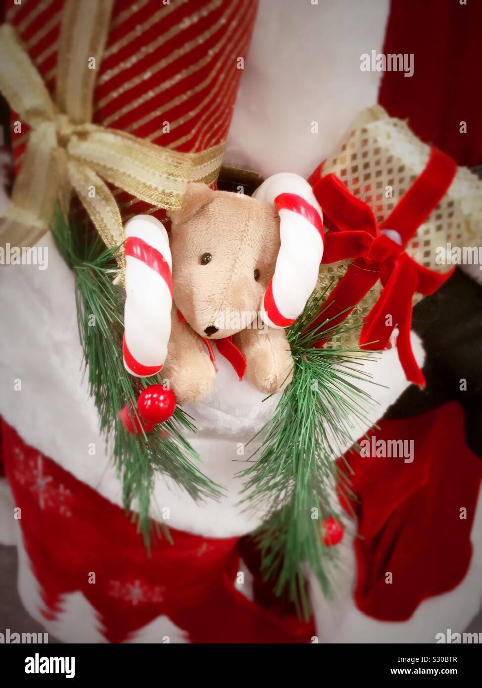 Holiday calza riempita di candy canes, avvolgere doni e un simpatico mouse ripiene, STATI UNITI D'AMERICA - Immagine stock catturata con smartphone