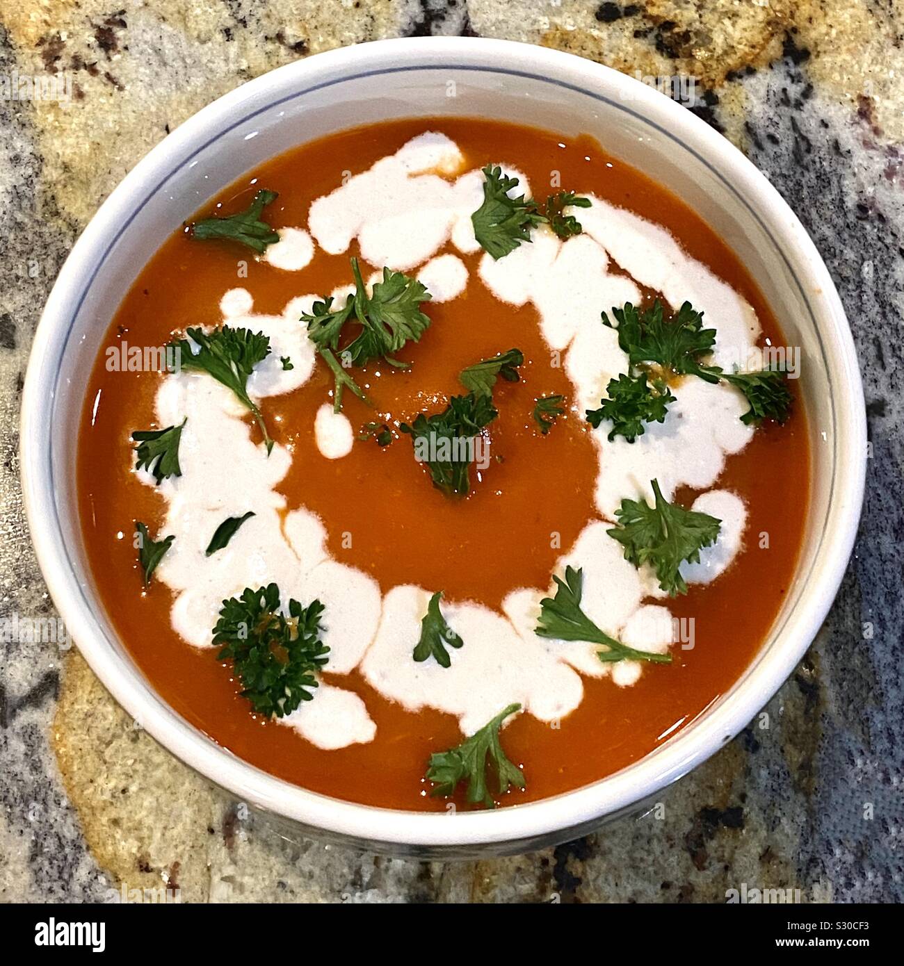 Vegano zuppa di carote con crema di anacardi e di prezzemolo fresco - Immagine stock catturata con smartphone