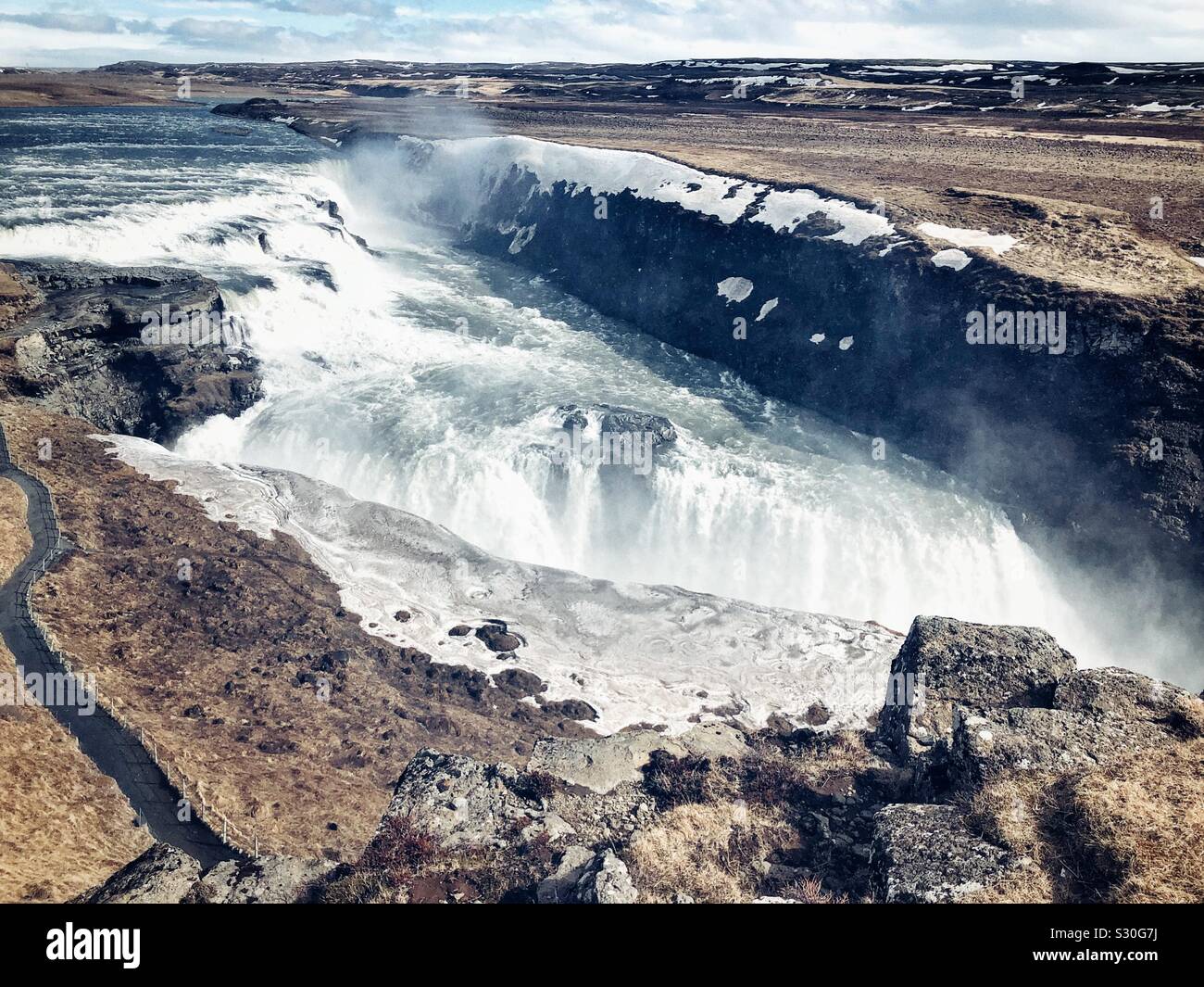 Gullfoss cascata situata nel canyon del fiume Hvítá nel sud-ovest dell'Islanda. Foto Stock