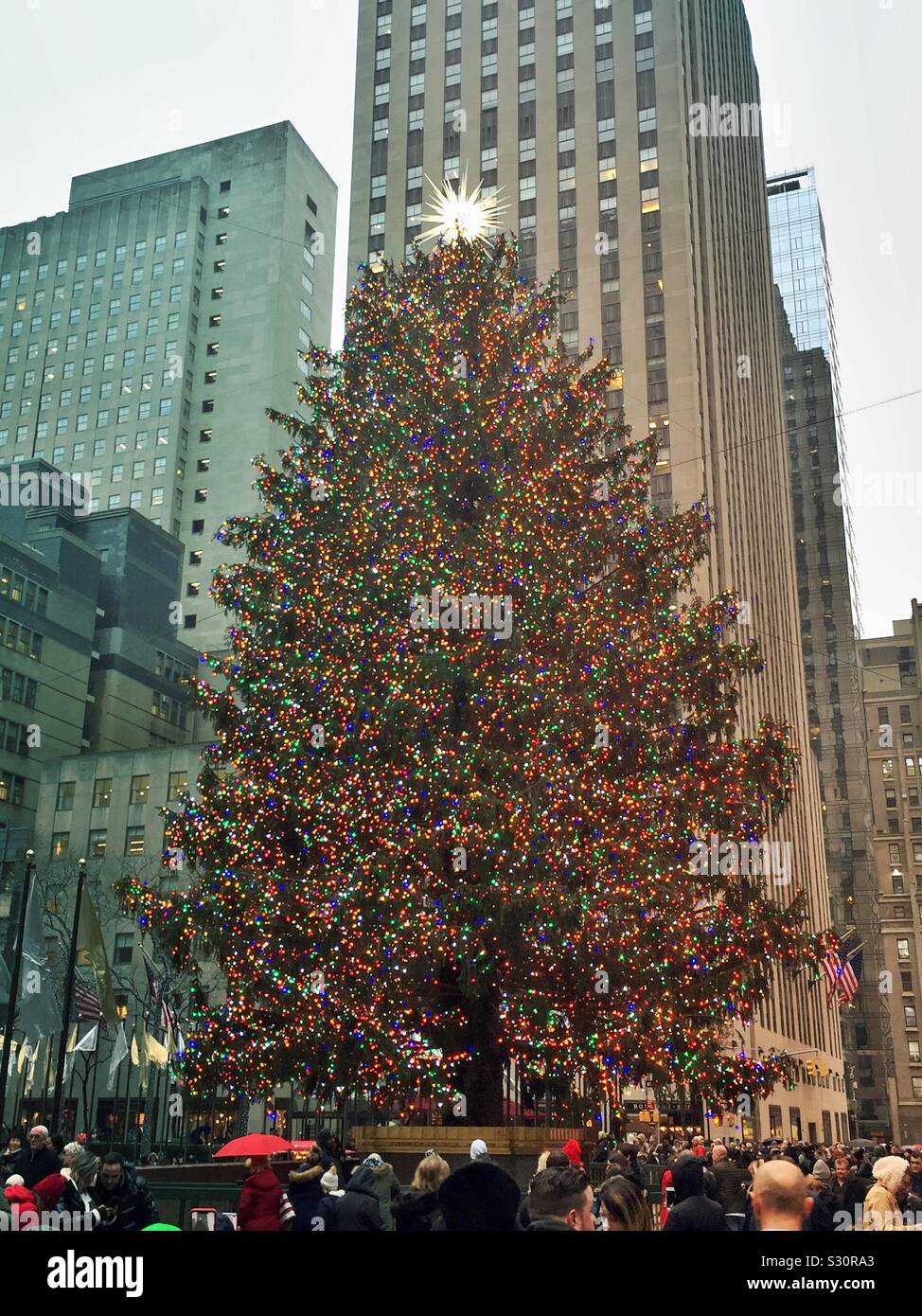 L'iconico albero di Natale al Rockefeller Center durante la stagione delle vacanze, NYC, STATI UNITI D'AMERICA Foto Stock