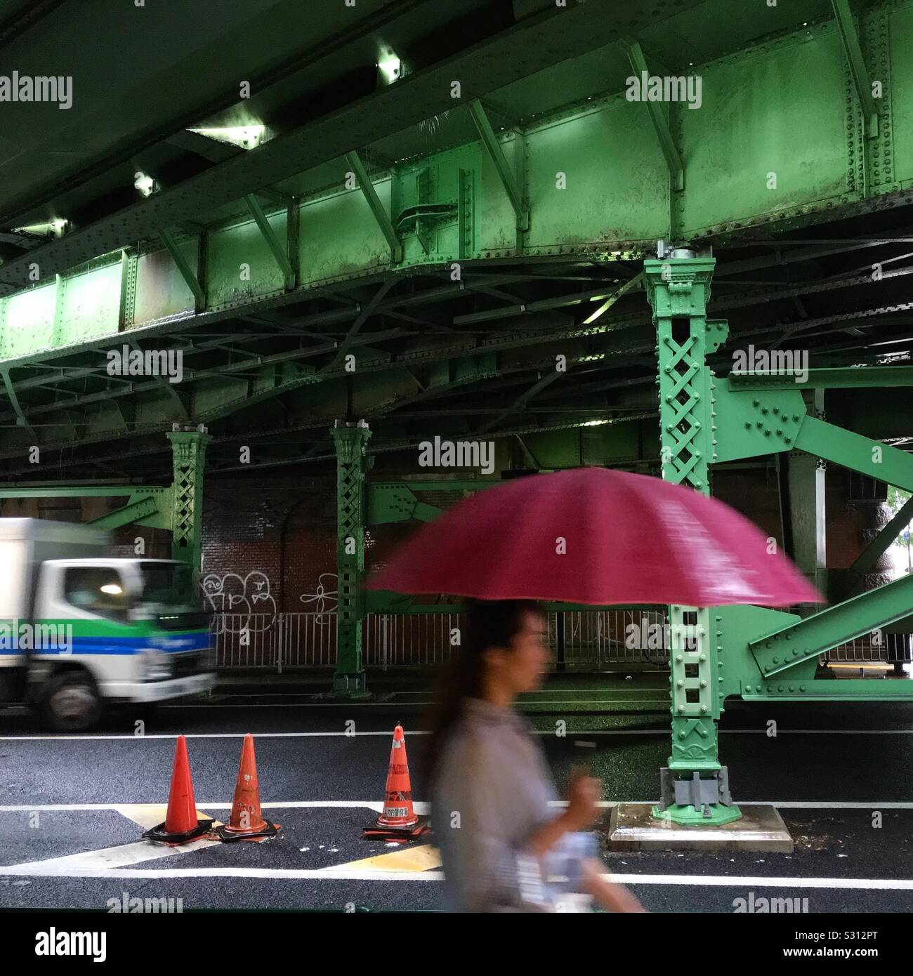 Donna con ombrello rosso passeggiate sotto il ponte a Tokyo in Giappone. Foto Stock