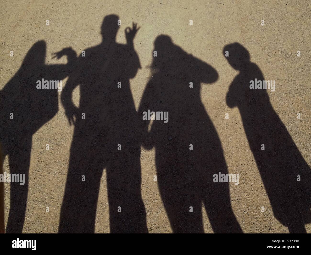 Una famiglia di quattro posano per una foto usando solo le loro ombre. Foto Stock