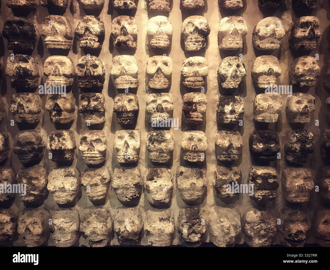 I teschi, che rappresentano un sacrificio umano, sono esposti nel museo Templo Mayor a Città del Messico, Messico Foto Stock