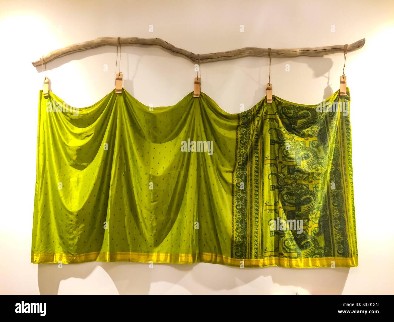 Un Saure di seta verde riproposto come elegante decorazione delle pareti, Canada. Sospeso in un modello di immersione da un arto di albero essiccato. Quattro sezioni. Foto Stock