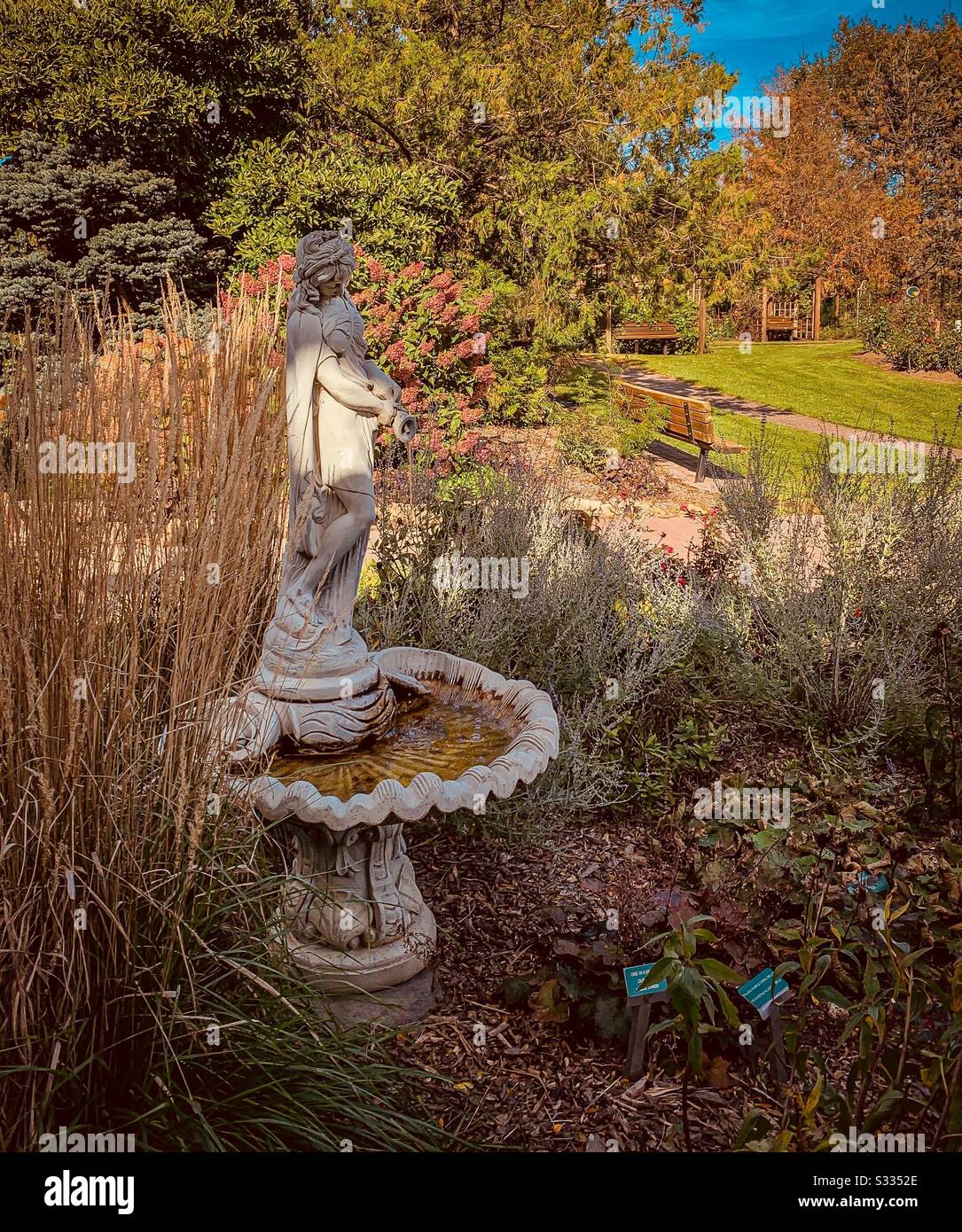 Dubuque, IOWA, Autunno 2019--Paesaggio foto di pietra statua in fontana vicino prato erboso in arboreto bella giornata di sole autunno. Foto Stock