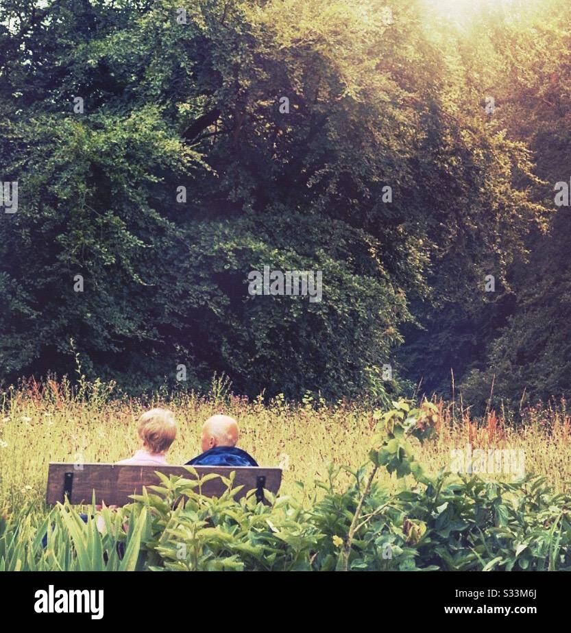 Vecchio anziano uomo e moglie che godono di pensione. Anni d'oro. Coppia. Investire per il futuro. Foto Stock