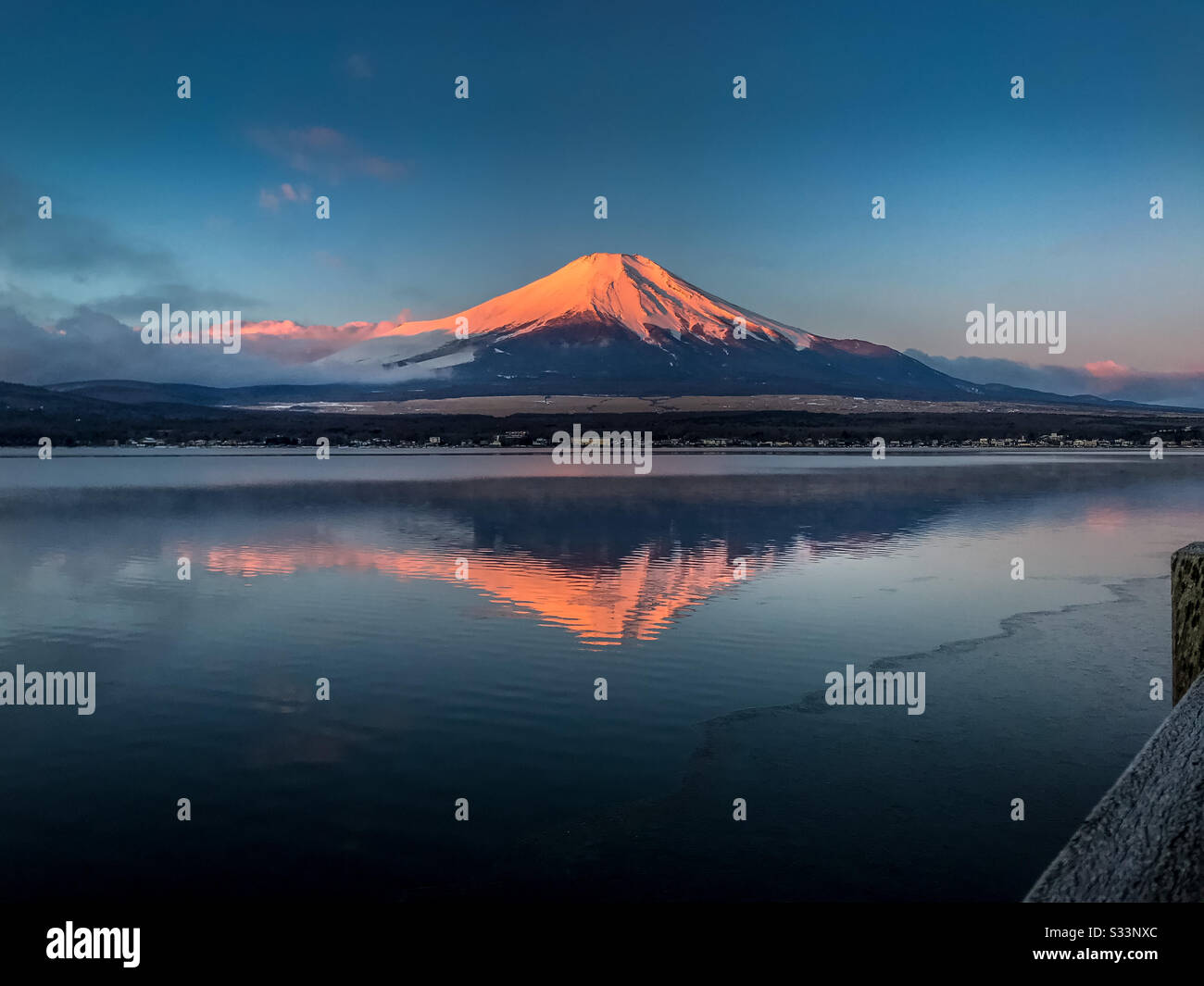Fuji san rosa alla prima luce di un giorno invernale 2020 Foto Stock
