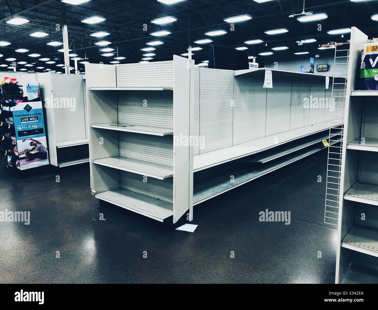 scaffali vuoti in supermercato americano durante l'epidemia di coronavirus Foto Stock
