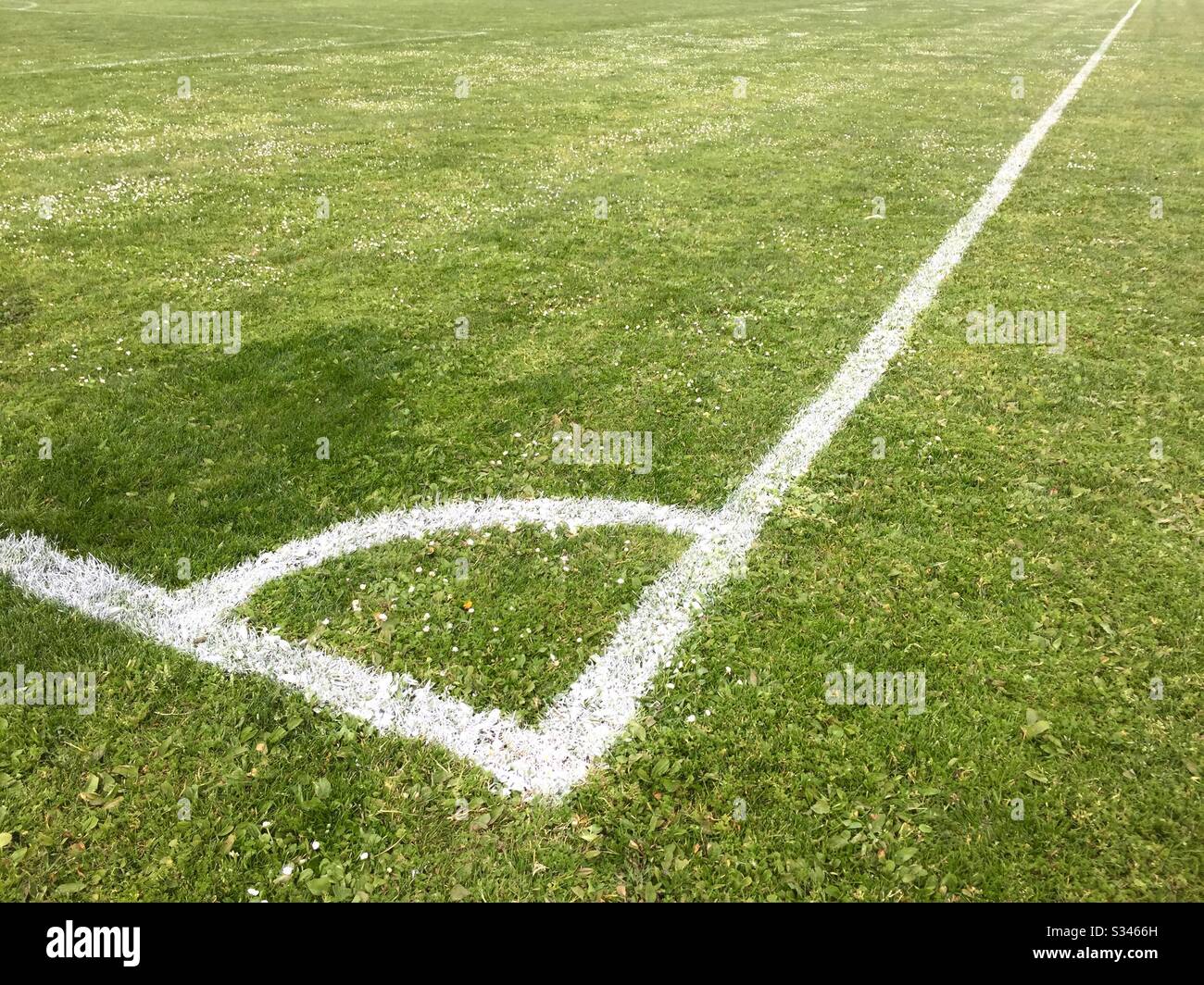 Angolo in chalet bianco su erba verde su un campo da calcio. - Immagine stock catturata con smartphone