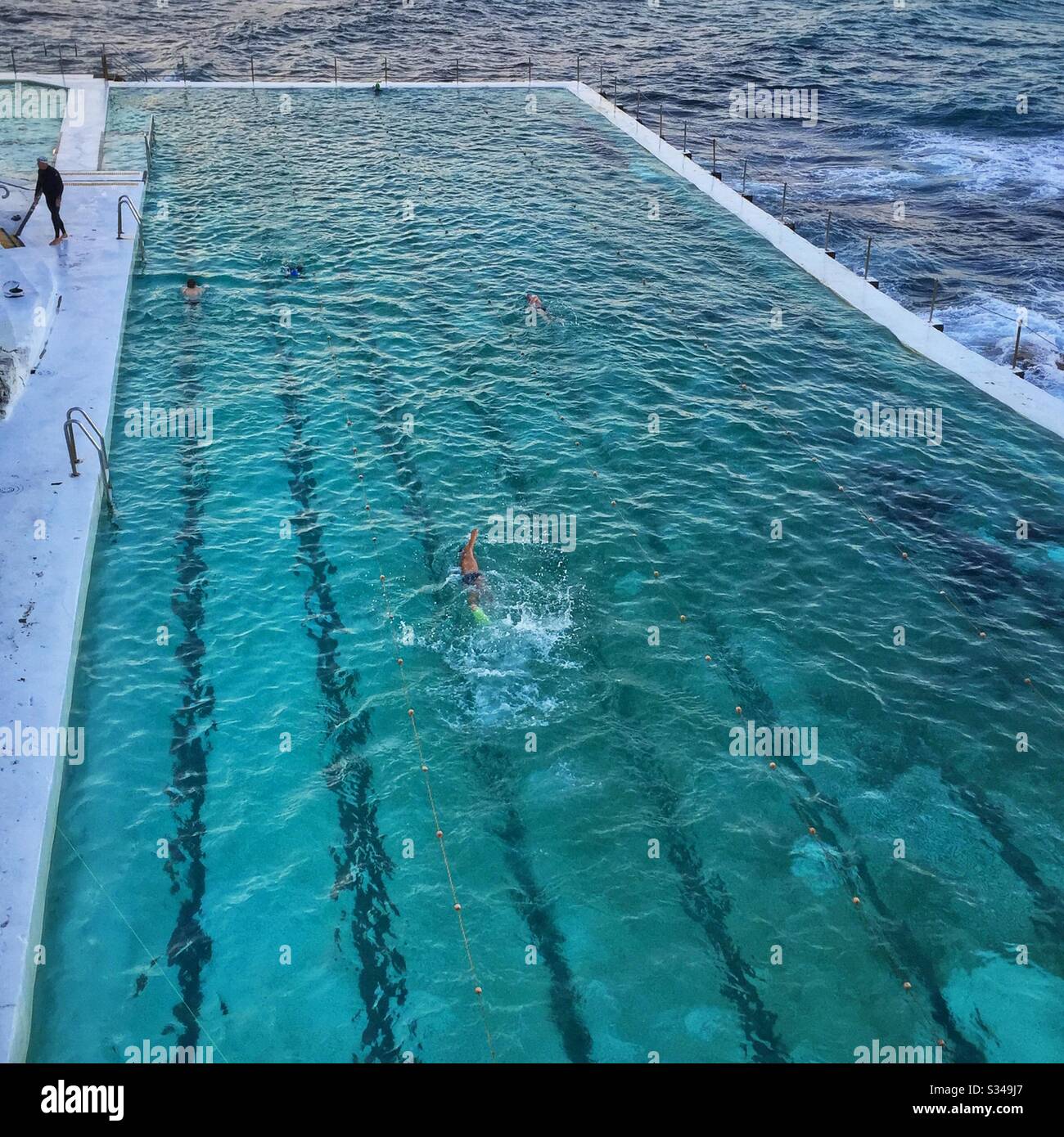 Bondi Baths, la piscina d'acqua-oceano di marea al Bondi icebergs Swimming Club all'estremità meridionale di Bondi Beach, Sydney, NSW, Australia Foto Stock