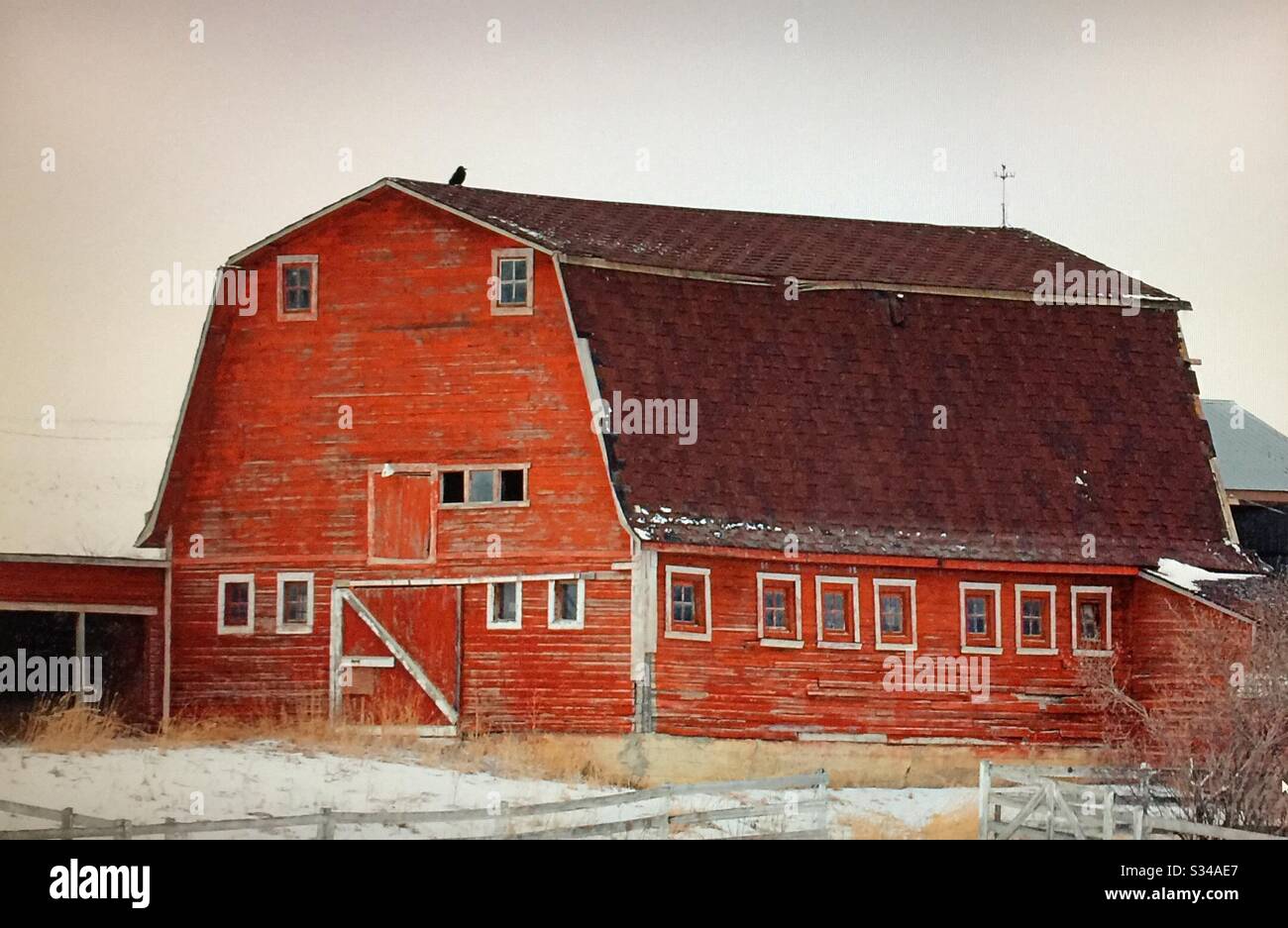 Vecchio fienile tetto rosso fienile su una fattoria Foto Stock