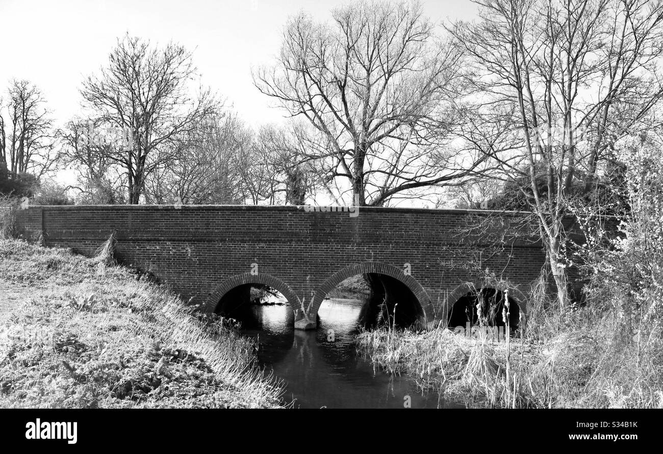 Un ponte ad arco su un fiume nel villaggio di Elstow, Bedford, Inghilterra, Regno Unito Foto Stock