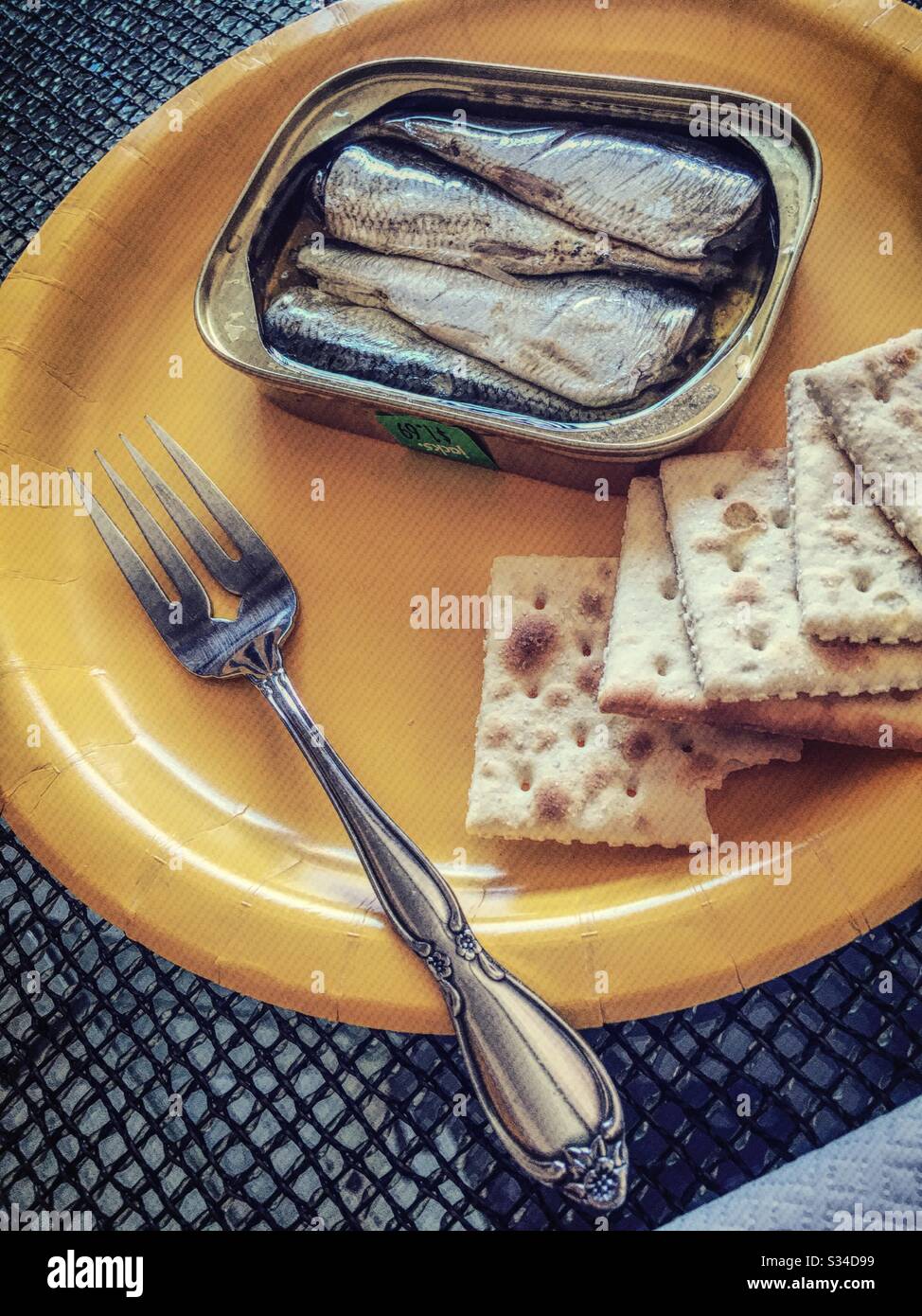 Un pranzo informale festoso di una latta di sardine con cracker di saline su un piatto di carta giallo dai colori vivaci. Foto Stock