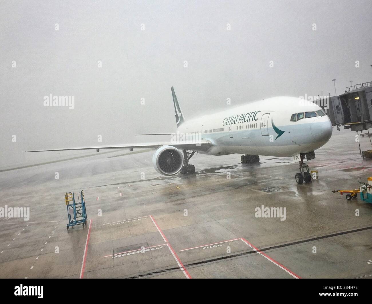 A Cathay Pacific Airways Boeing 777 sul grembiule in forte pioggia all'Aeroporto Internazionale di Hong Kong - Immagine stock catturata con smartphone