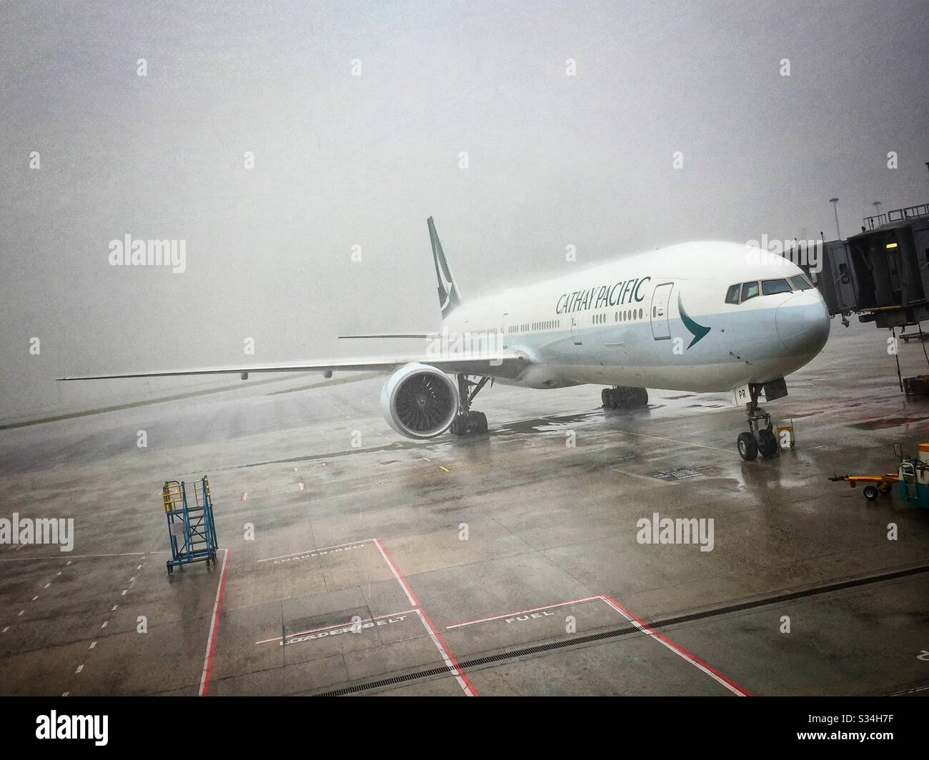 A Cathay Pacific Airways Boeing 777 sul grembiule in forte pioggia all'Aeroporto Internazionale di Hong Kong - Immagine stock catturata con smartphone