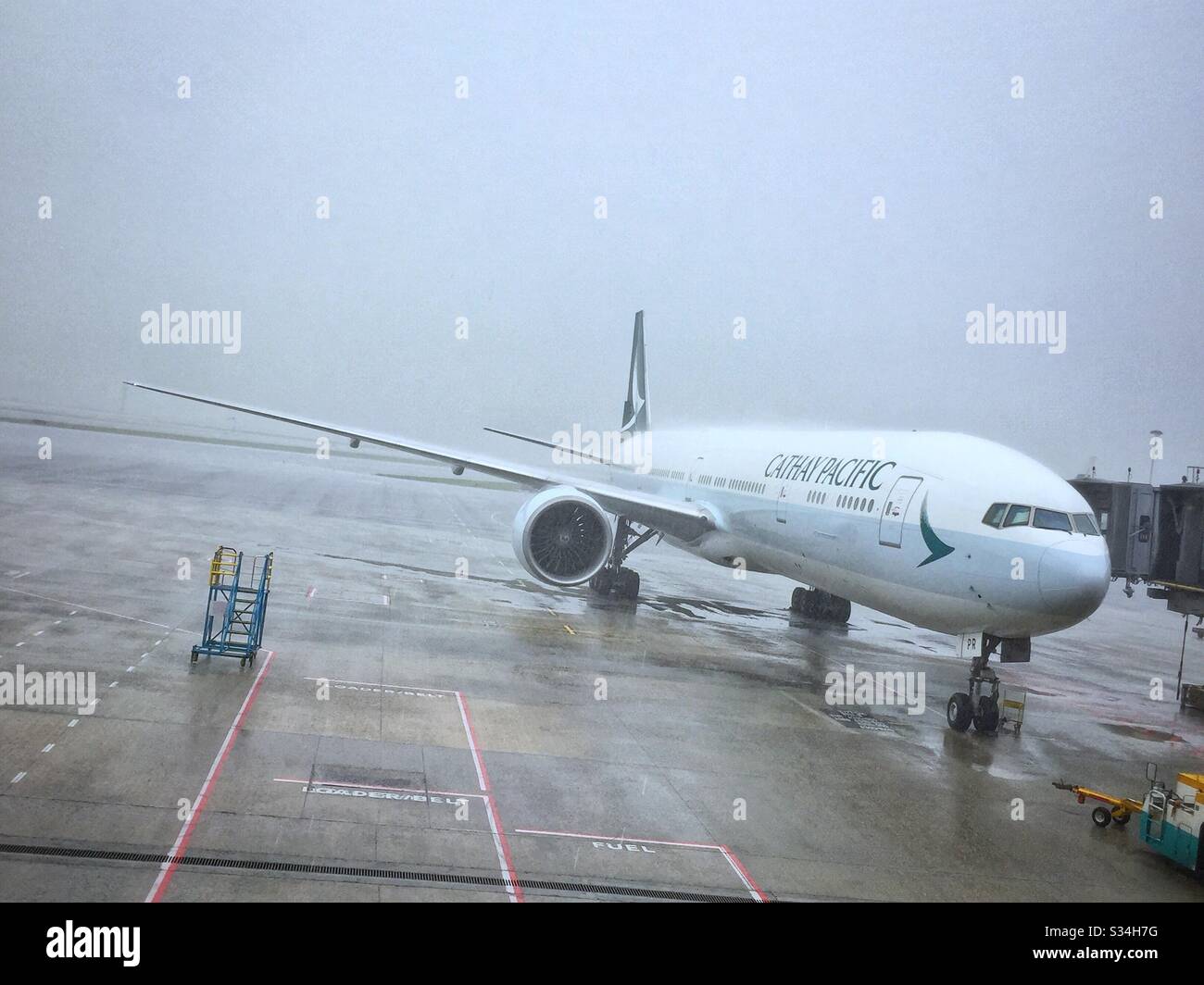 A Cathay Pacific Airways Boeing 777 sul grembiule in forte pioggia all'Aeroporto Internazionale di Hong Kong - Immagine stock catturata con smartphone