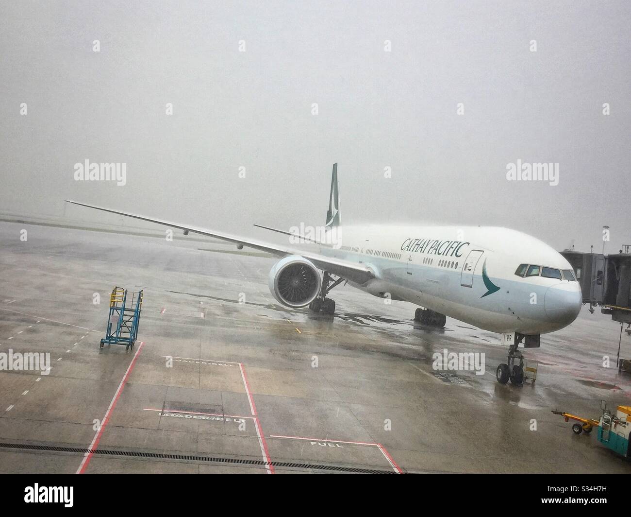A Cathay Pacific Airways Boeing 777 sul grembiule in forte pioggia all'Aeroporto Internazionale di Hong Kong - Immagine stock catturata con smartphone