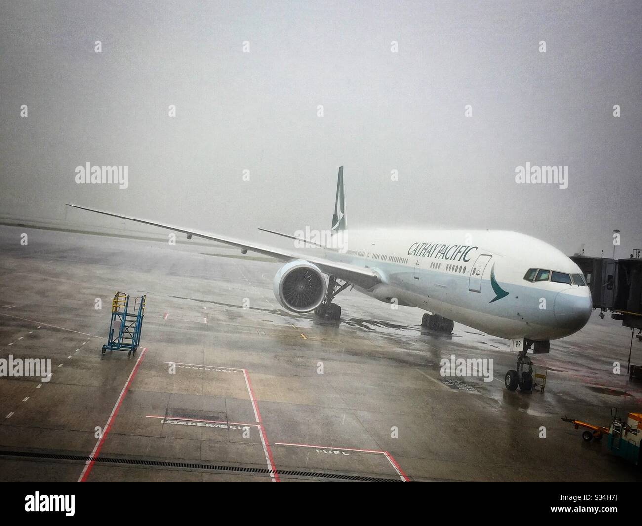 A Cathay Pacific Airways Boeing 777 sul grembiule in forte pioggia all'Aeroporto Internazionale di Hong Kong - Immagine stock catturata con smartphone