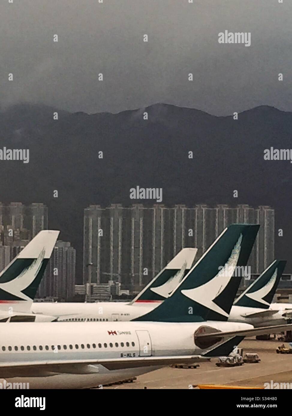 Cathay Pacific Airways, che mostra livrea pre e post 2015, sul grembiule all'Aeroporto Internazionale di Hong Kong - Immagine stock catturata con smartphone