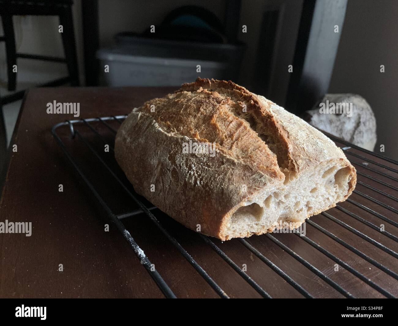 Si tratta di una pagnotta di pane con pasta di sourdough che ho cotto. Il cane sullo sfondo è un pezzo d'arte antica il pane utilizzato farina di segale e grano intero. Foto Stock