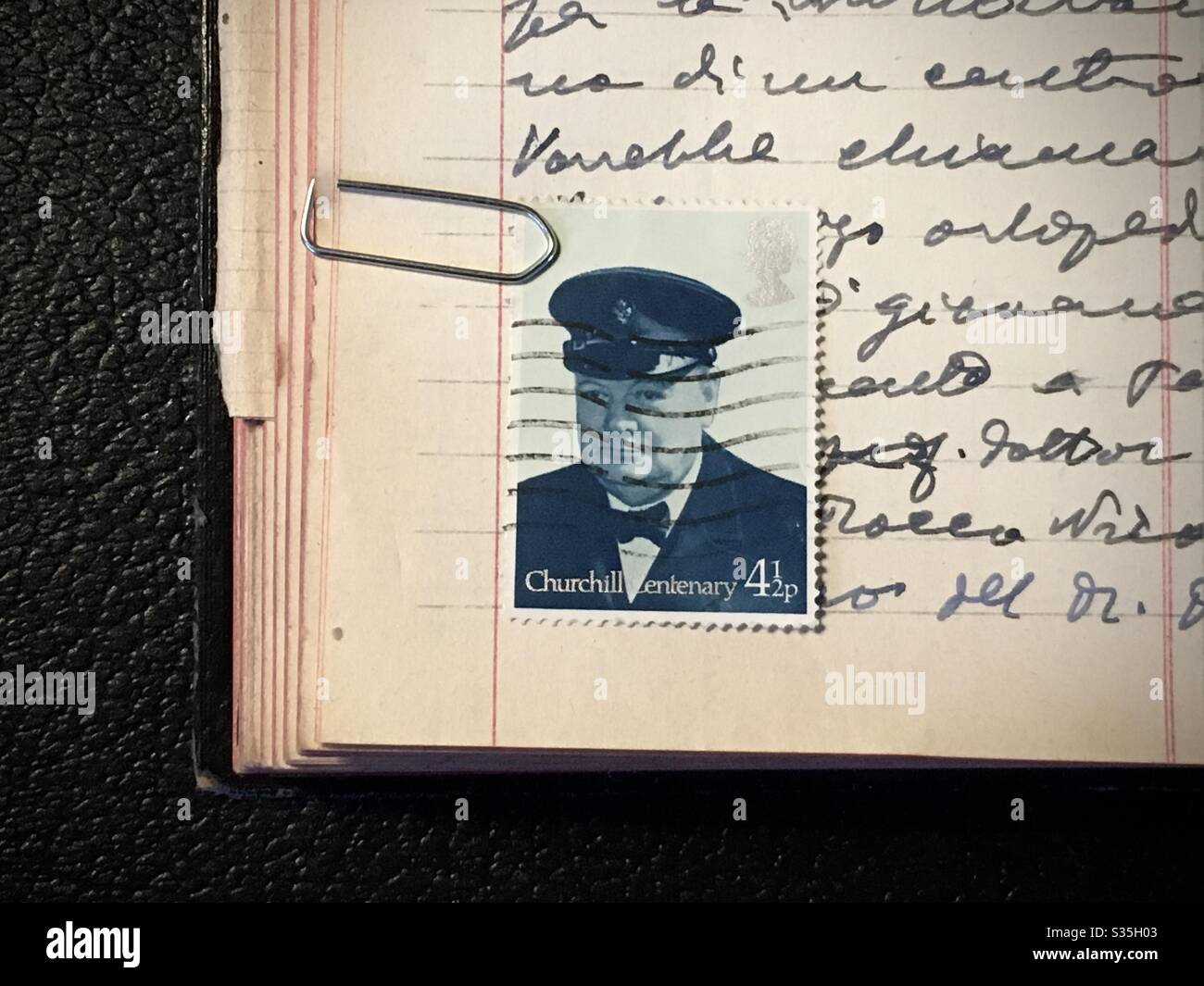 Winston Churchill Inglese congeniata timbro su un foglio di carta scritto a mano Foto Stock