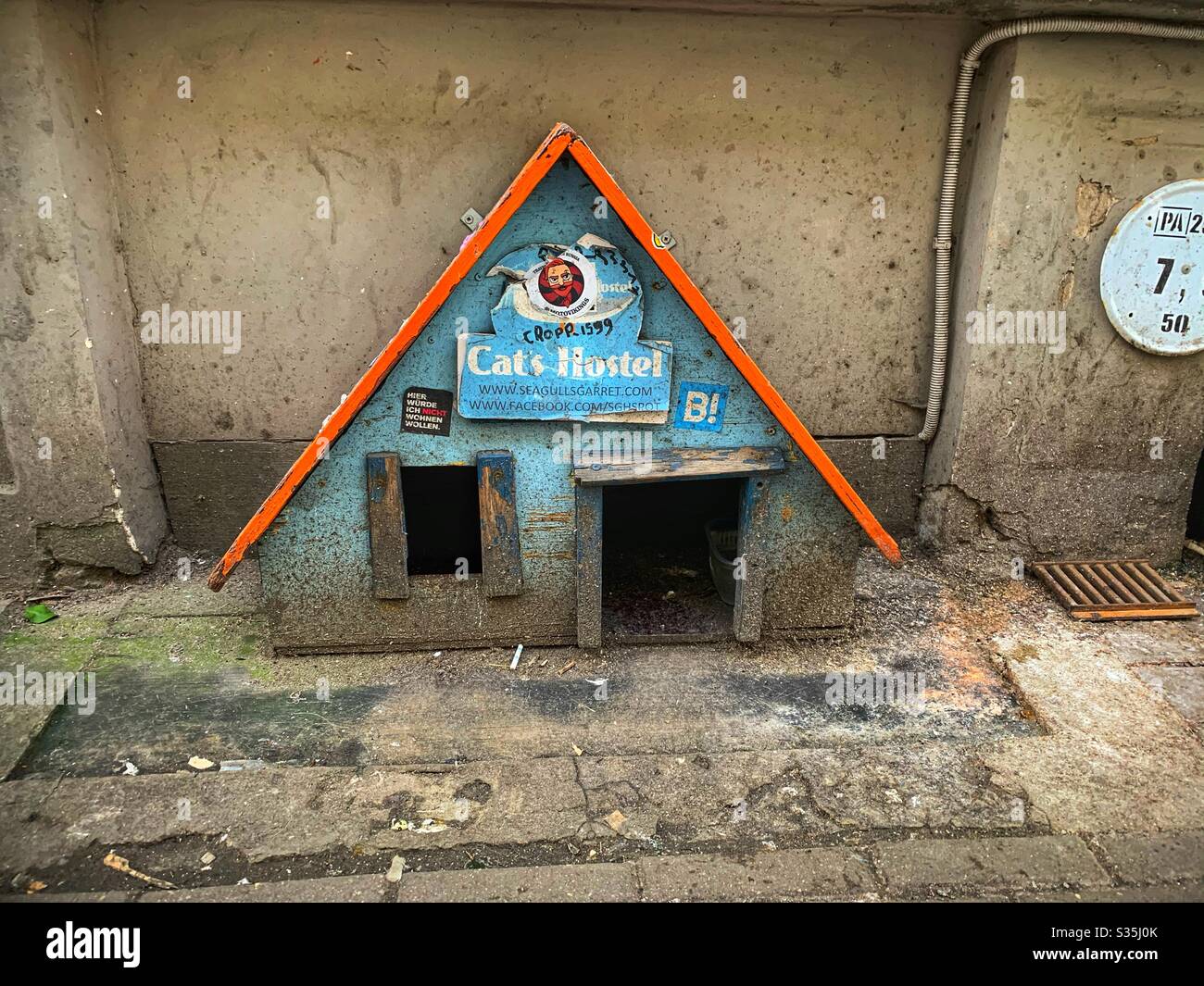 Cat Hostel, fuori Cat casa sulla strada a riga, Lettonia. Rustico. Foto Stock