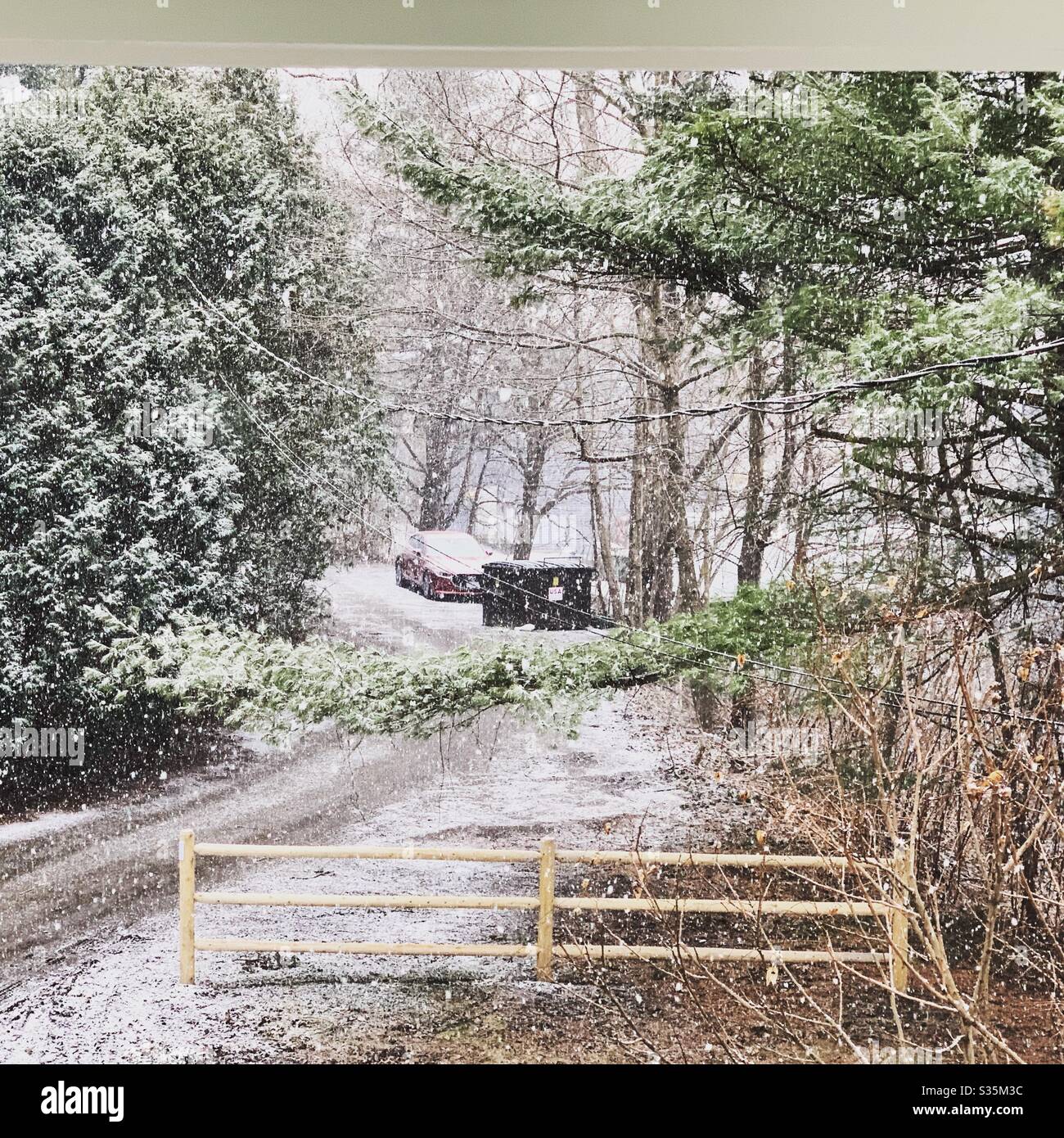 Neve nel mese di marzo su una strada sterrata nel New England, Stati Uniti Foto Stock