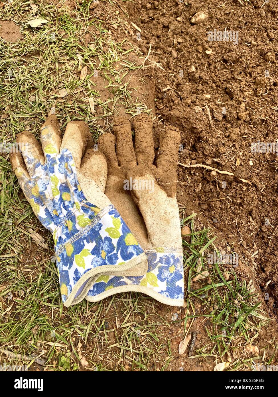 Guanti da giardino che mostrano segni di duro lavoro in giardino. Foto Stock