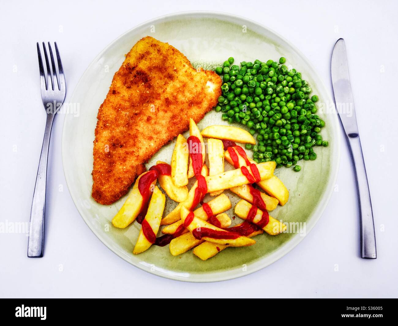 Fish chips e piselli Foto Stock